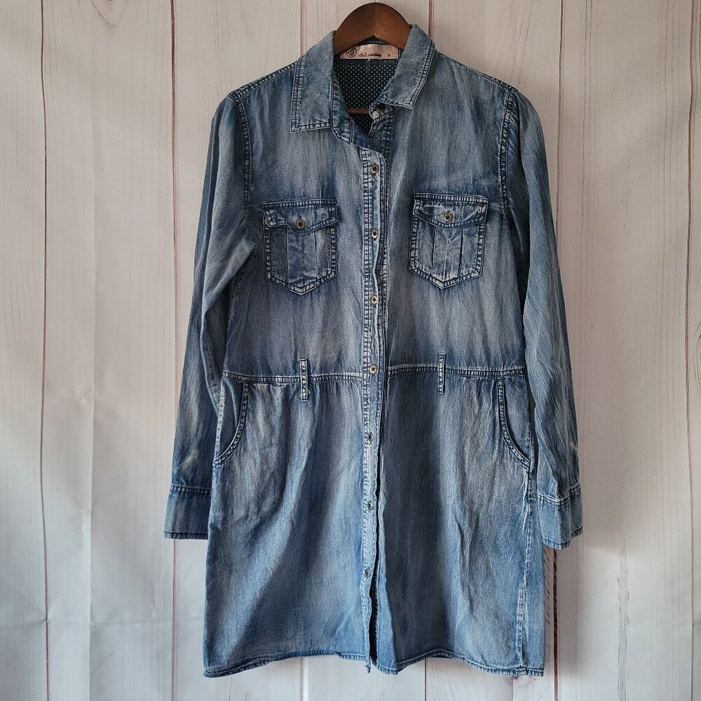 E2 Clothing Distressed Denim Shirt Dress w/ Pockets, Button-Down Front, Sz M EUC